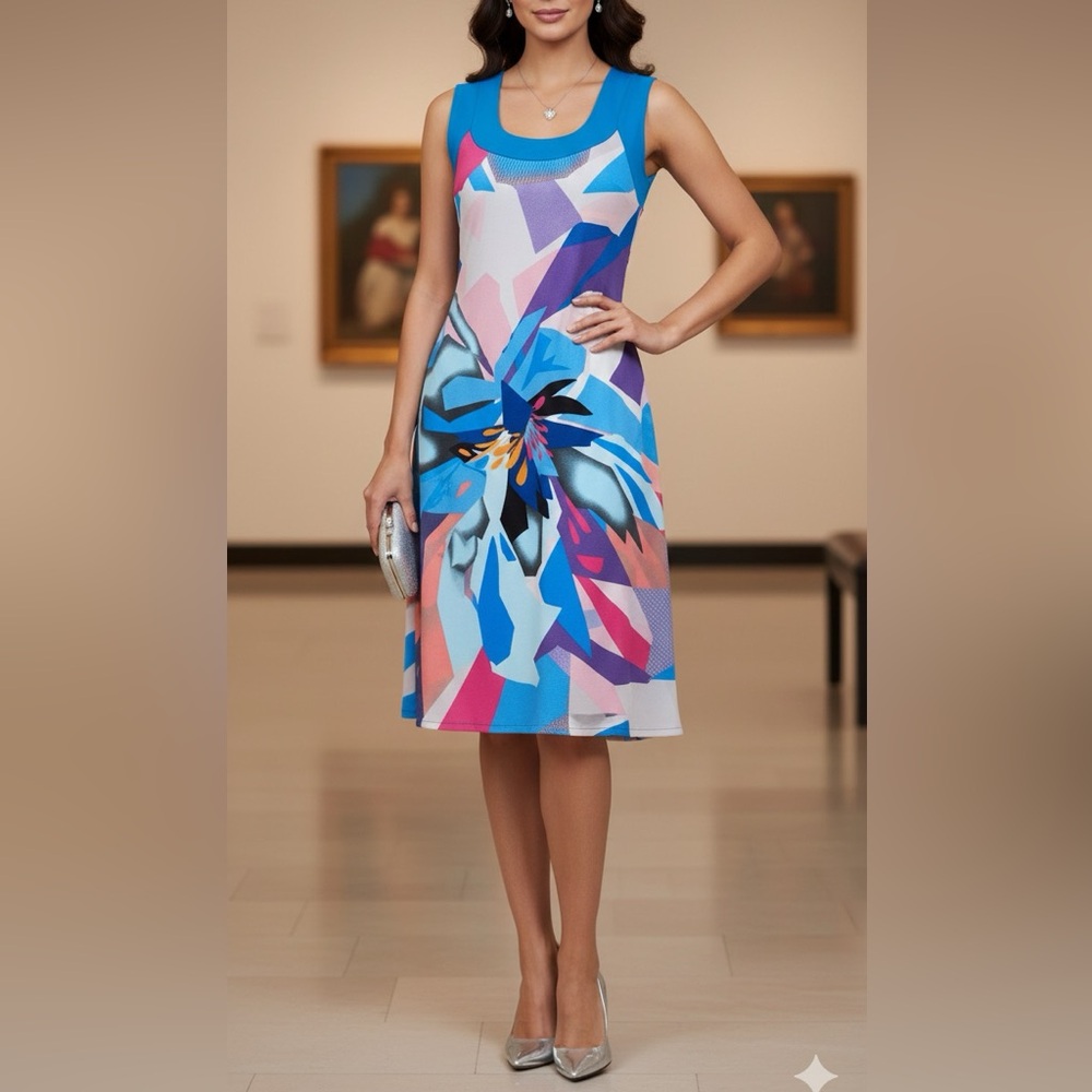 Eva Varro colorful Blue geometric floral‎ sleeveless travel ready dress medium